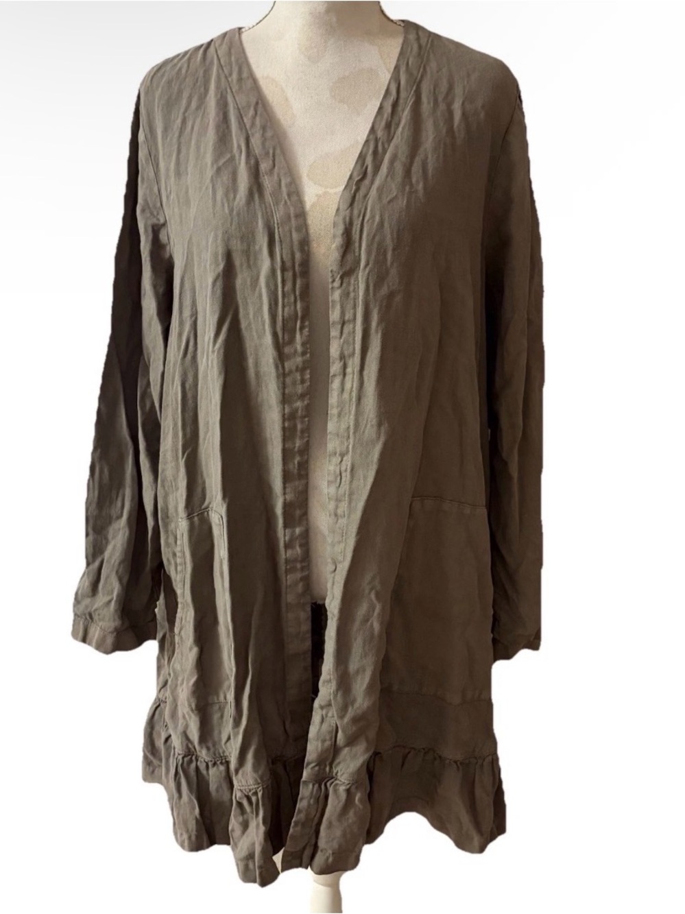 PureJill Womens Size Large Pure Garment Dyed Linen Open Jacket Ruffle